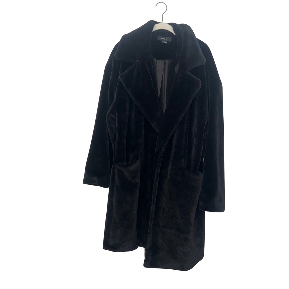 Forever 21+ Black Faux Fur Coat Plus Size 1X Notched Lapel Mid-Length Jacket